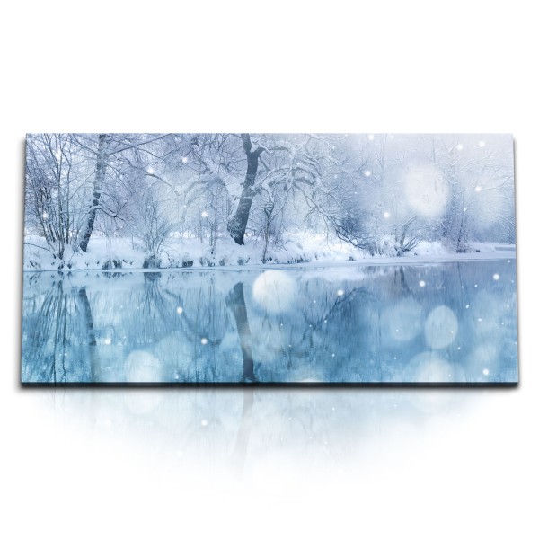 Paul Sinus Art Kunstdruck Bilder 120x60cm Winterlandschaft Fluss Schnee Winter Ufer Blau