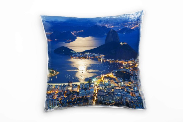 Paul Sinus Art City, blau orange, Rio de Janeiro, Nacht, Spiegelung, Mond Deko Kissen 40x40cm für Couch Sofa Lounge