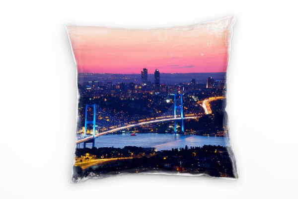 Paul Sinus Art Urban und City, blau, pink, Bosporus Brücke, Nacht Deko Kissen 40x40cm für Couch Sofa Lounge Zierkis