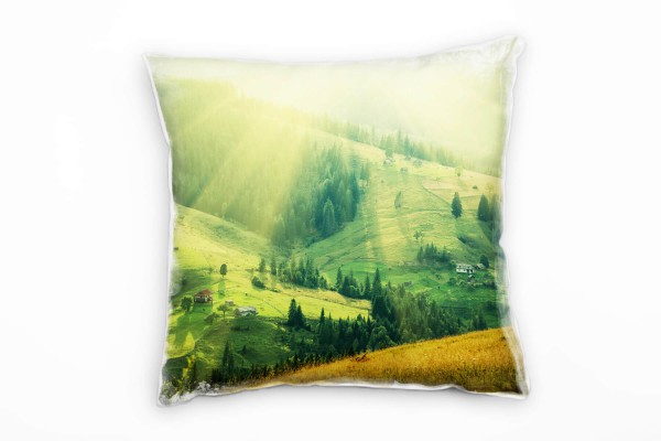 Paul Sinus Art Sommer, Hügel, Wiese, Sonnenschein, grün, gelb Deko Kissen 40x40cm für Couch Sofa Lounge Zierkissen