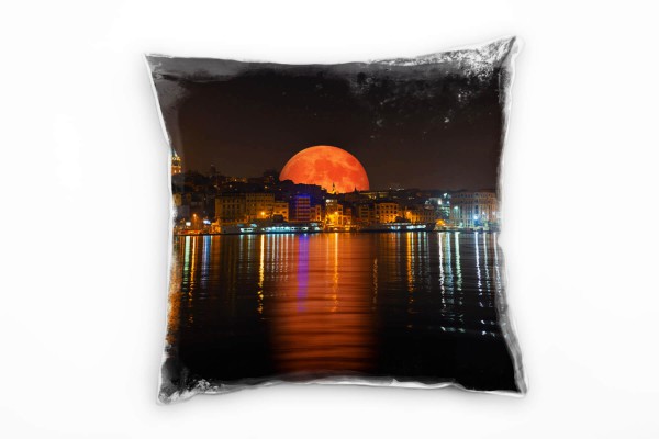 Paul Sinus Art City, Istanbul, Nacht, oranger Mond, orange, braun Deko Kissen 40x40cm für Couch Sofa Lounge Zierkis