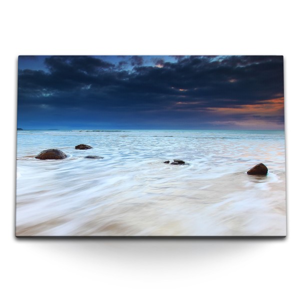 Paul Sinus Art 120x80cm Wandbild auf Leinwand Horizont Meer dunkler Himmel seichtes Wasser Strand