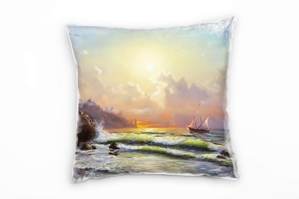 Paul Sinus Art Strand und Meer, Brandung, Segelschiff, gemalt Deko Kissen 40x40cm für Couch Sofa Lounge Zierkissen