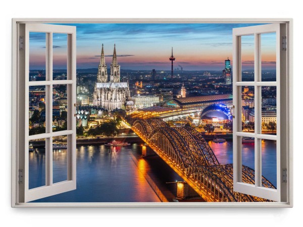 Wandbild 120x80cm Fensterbild Kölner Dom Köln bei Nacht Stadtlichter Abendrot