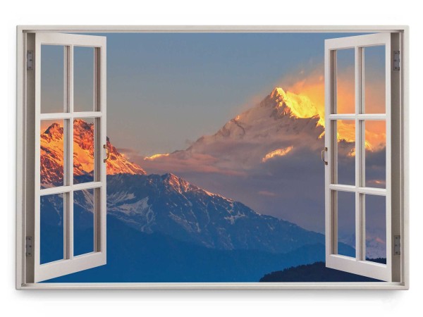 Wandbild 120x80cm Fensterbild Schneegipfel Berge Blau Sonnenuntergang Gipfel