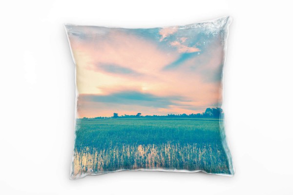 Paul Sinus Art Landschaft, Reisfeld, Sonnenuntergang, orange, grün Deko Kissen 40x40cm für Couch Sofa Lounge Zierki