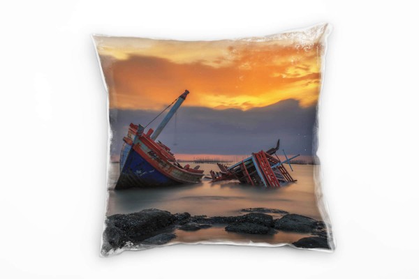 Paul Sinus Art Strand und Meer, Schiffsfrack, grau, orange Deko Kissen 40x40cm für Couch Sofa Lounge Zierkissen