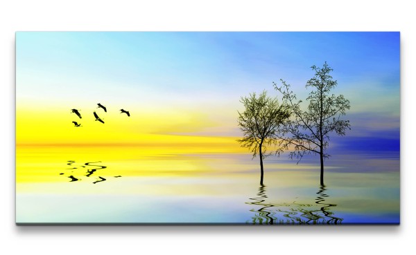 Paul Sinus Art Leinwandbild 120x60cm Natur See Vögel Farbenfroh Malerisch Kunstvoll Bäume Horizont