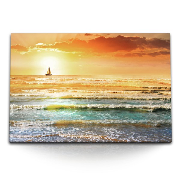 Paul Sinus Art 120x80cm Wandbild auf Leinwand Meer Segelschiff am Horizont Sonnenuntergang roter Himmel