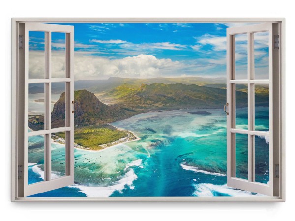 Wandbild 120x80cm Fensterbild Mauritius Meer Küste Blau Berge Natur Insel