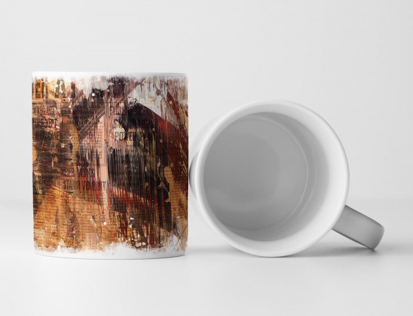 Paul Sinus Art Tasse Geschenk alte Zeitungsartikel als Hintergrund; rot, orange, schwarze Abstraktion