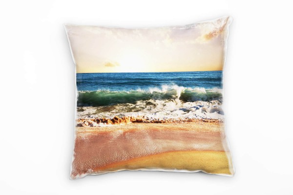 Paul Sinus Art Strand und Meer, gelb, blau, Wellen, Sonnenuntergang Deko Kissen 40x40cm für Couch Sofa Lounge Zierk