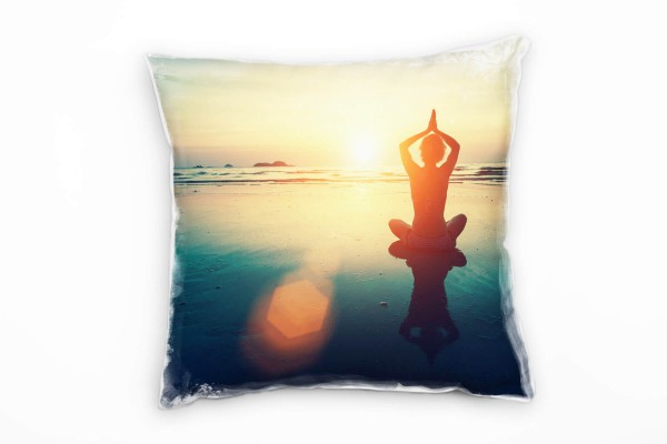 Paul Sinus Art Strand und Meer, Sonnenuntergang, Yoga, gelb Deko Kissen 40x40cm für Couch Sofa Lounge Zierkissen