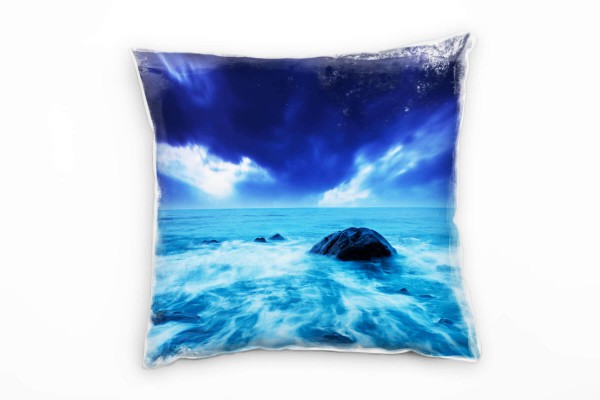 Paul Sinus Art Meer, türkis, blau, dunkler Himmel, Wellen, Fels Deko Kissen 40x40cm für Couch Sofa Lounge Zierkisse