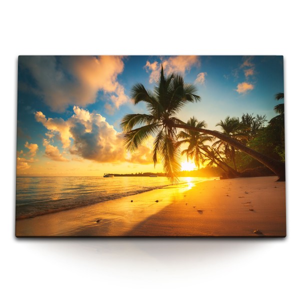 Paul Sinus Art 120x80cm Wandbild auf Leinwand Abendröte Palmen Traumstrand Strand Sonnenuntergang