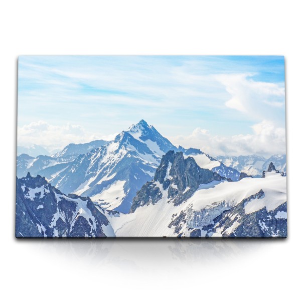 Paul Sinus Art 120x80cm Wandbild auf Leinwand Berge Alpen Schneegipfel Bergkette Blau Schnee