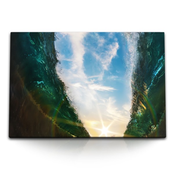 120x80cm Wandbild auf Leinwand Meer Wellen Sonne Sonnenstrahl blauer Himmel