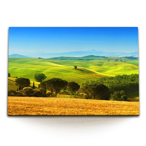 120x80cm Wandbild auf Leinwand Grüne Landschaft Hügel Felder Sonnenschein Natur