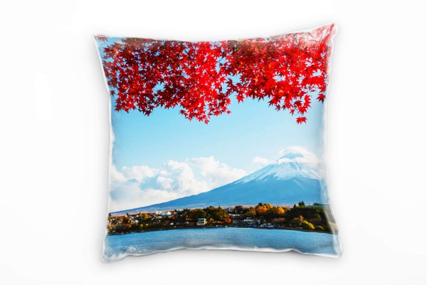 Paul Sinus Art Landschaft, blau, rot, Herbst, schneebedeckter Berg Deko Kissen 40x40cm für Couch Sofa Lounge Zierki