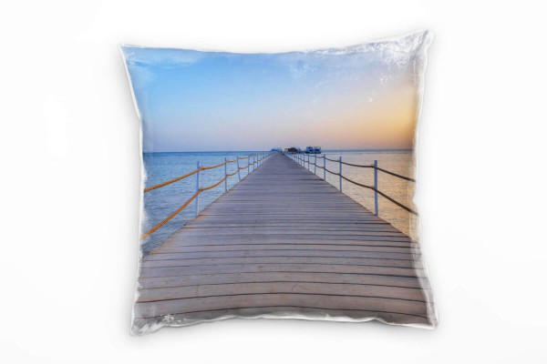 Paul Sinus Art Meer, Steg, Sonnenuntergang, Schiffe, blau, orange Deko Kissen 40x40cm für Couch Sofa Lounge Zierkis