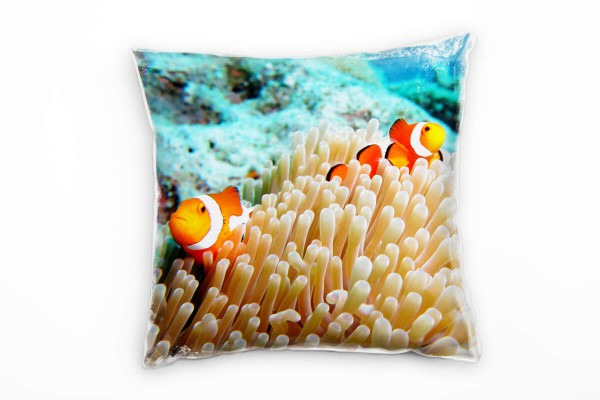 Paul Sinus Art Tiere, Clownfische, Seeanemonen, orange, türkis Deko Kissen 40x40cm für Couch Sofa Lounge Zierkissen