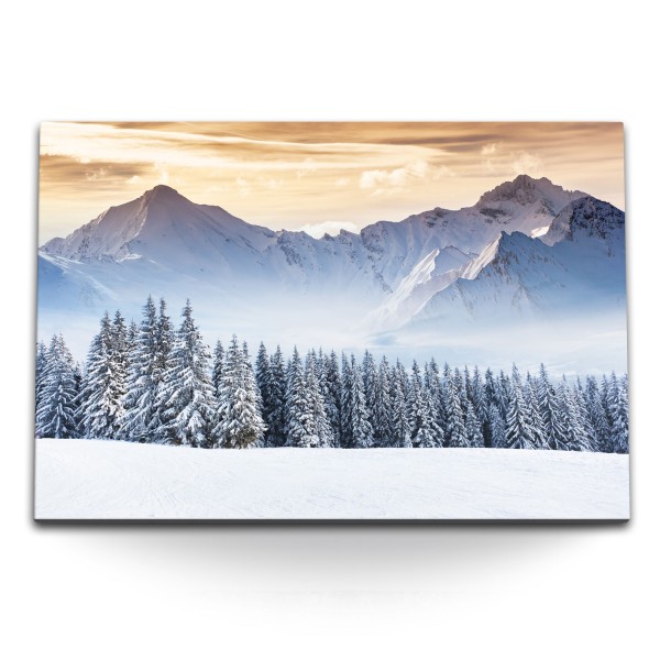 Paul Sinus Art 120x80cm Wandbild auf Leinwand Winterlandschaft Tannen Schnee Berge Natur