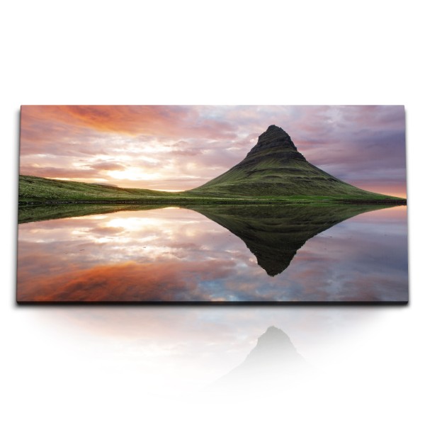 Paul Sinus Art Kunstdruck Bilder 120x60cm Island Landschaft Berg Meer Sonnenuntergang Rosa Himmel