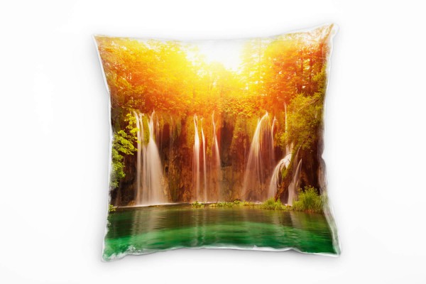 Paul Sinus Art Natur, orange, grün, Sonnenuntergang, Wasserfall Deko Kissen 40x40cm für Couch Sofa Lounge Zierkisse