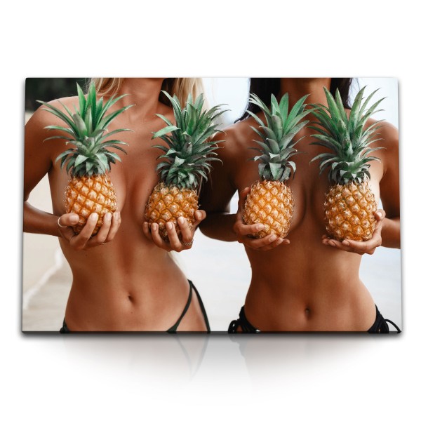 Paul Sinus Art 120x80cm Wandbild auf Leinwand Sexy Ladys in Bikini Ananas Strand Meer Sommer