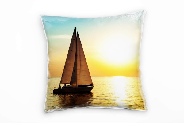 Paul Sinus Art Meer,gelb, blau, Segelboot, Sonnenuntergang Deko Kissen 40x40cm für Couch Sofa Lounge Zierkissen