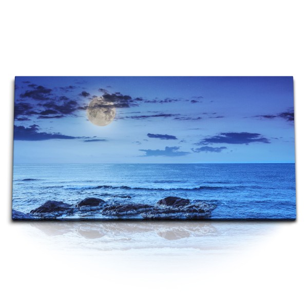 Kunstdruck Bilder 120x60cm Vollmond Meer Blau Dunkelblau Felsen Horizont