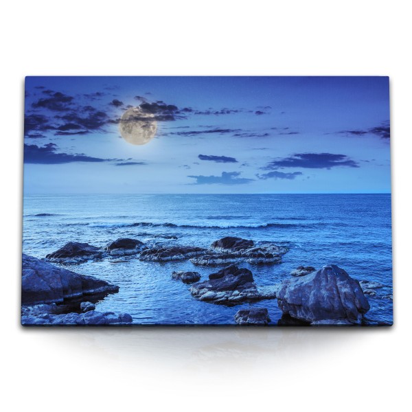 Paul Sinus Art 120x80cm Wandbild auf Leinwand Vollmond Meer Blau Dunkelblau Felsen Horizont