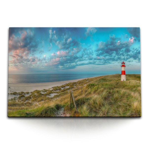 120x80cm Wandbild auf Leinwand Nordsee Leuchtturm Sandstrang Meer Horizont