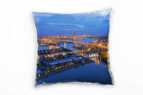 Paul Sinus Art City, Brücke, Nacht, Beleuchtung, orange, blau Deko Kissen 40x40cm für Couch Sofa Lounge Zierkissen