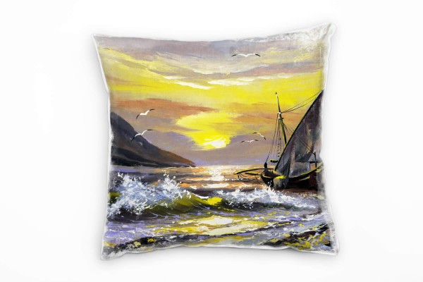 Paul Sinus Art Meer, gelb, grau, Segelboot, Sonnenuntergang, gemalt Deko Kissen 40x40cm für Couch Sofa Lounge Zierk