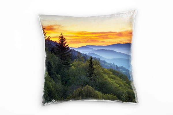 Paul Sinus Art Landschaft, grün, blau, orange, Wald, Sonnenuntergang Deko Kissen 40x40cm für Couch Sofa Lounge Zier