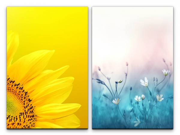 Paul Sinus Art 2 Bilder je 60x90cm Sonnenblume Gelb Frühling Blumen Blau Gänseblümchen Makro