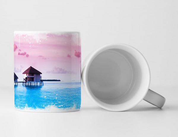 Paul Sinus Art Tasse Geschenk Künstlerische Fotografie – Drei Bungalows im Meer bei rosa Himmel