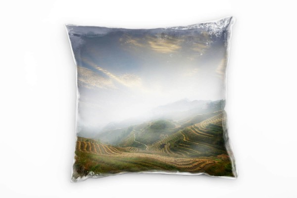 Paul Sinus Art Landschaft, blau, grün, braun, Berge, China, Landwirtschaft Deko Kissen 40x40cm für Couch Sofa Loung