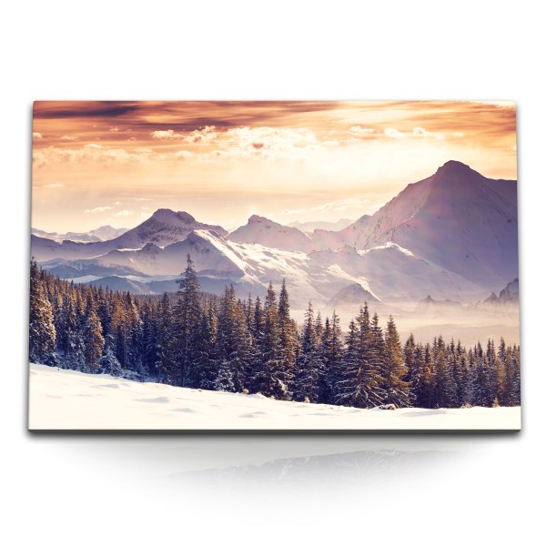 Paul Sinus Art 120x80cm Wandbild auf Leinwand Winterlandschaft Berge Tannenwald Natur Sonnenuntergang