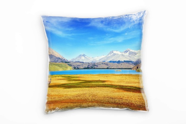 Paul Sinus Art Landschaft, braun, blau, Berge, Tiere, Wasser Deko Kissen 40x40cm für Couch Sofa Lounge Zierkissen