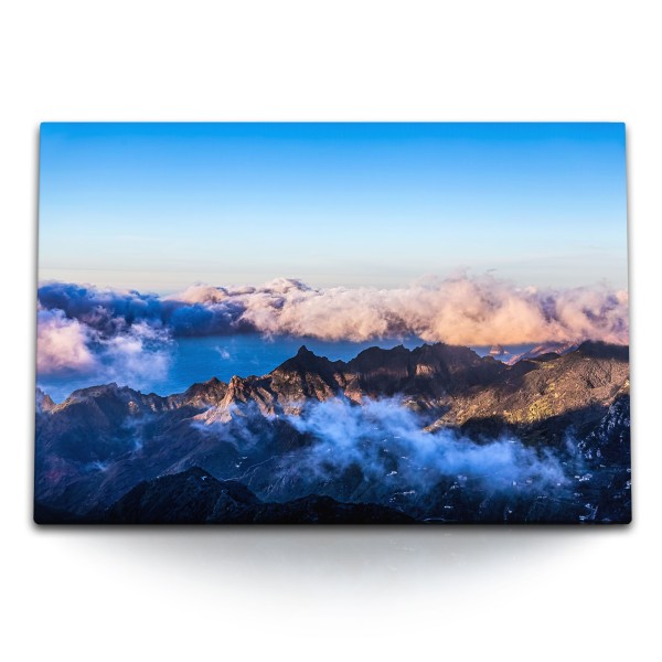 Paul Sinus Art 120x80cm Wandbild auf Leinwand Berge Gebirge Wolken Sonnenuntergang Bergkette