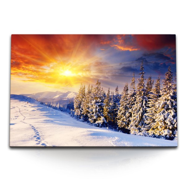 Paul Sinus Art 120x80cm Wandbild auf Leinwand Winterlandschaft Berge Sonnenuntergang Tannen Schnee