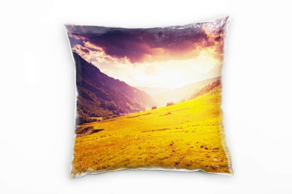 Paul Sinus Art Landschaft, gelb, braun, Sonnenaufgang, Berge Deko Kissen 40x40cm für Couch Sofa Lounge Zierkissen