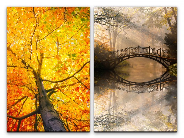 Paul Sinus Art 2 Bilder je 60x90cm Baumkrone Herbst Laub Holzbrücke warmes Licht Zauberhaft Traumhaft