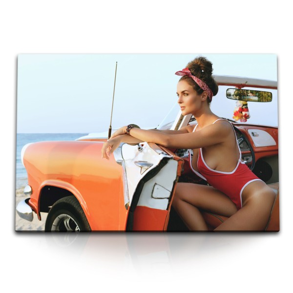 Paul Sinus Art 120x80cm Wandbild auf Leinwand Oldtimer 50er Jahre junge Frau Bikini Strand Sommer