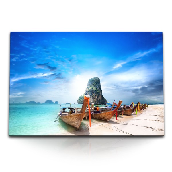 Paul Sinus Art 120x80cm Wandbild auf Leinwand Tropische Insel Thailand Boote Sonnenschein Meer Blau