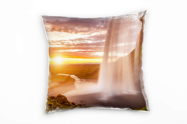 Paul Sinus Art Strand und Meer, Wasserfall am Meer, Felsen, grün Deko Kissen 40x40cm für Couch Sofa Lounge Zierkiss