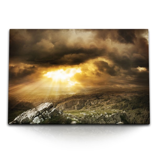 Paul Sinus Art 120x80cm Wandbild auf Leinwand Gewitterwolken Berge Wolken Sonnenstrahlen dunkler Himmel