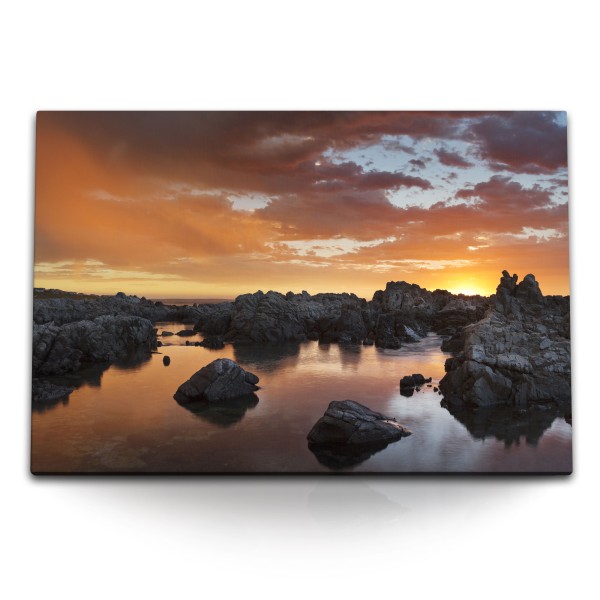 Paul Sinus Art 120x80cm Wandbild auf Leinwand Abendrot Sonnenuntergang Felsen Strand Meer